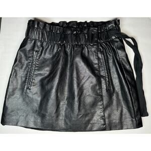 Pockets! Vegan Mini Leather Wrap Skirt W/ PaperBag Ruffle Waist - Size M